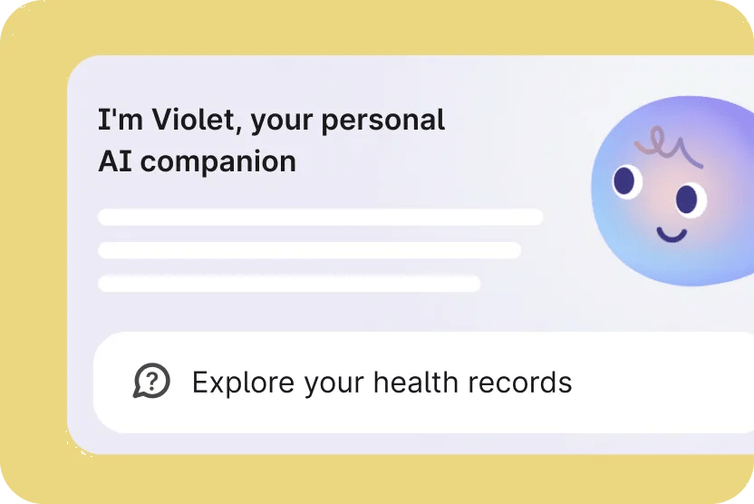 UI of chat conversation with Violet. Large image of Violet in the upper right corner. On a yellow background.