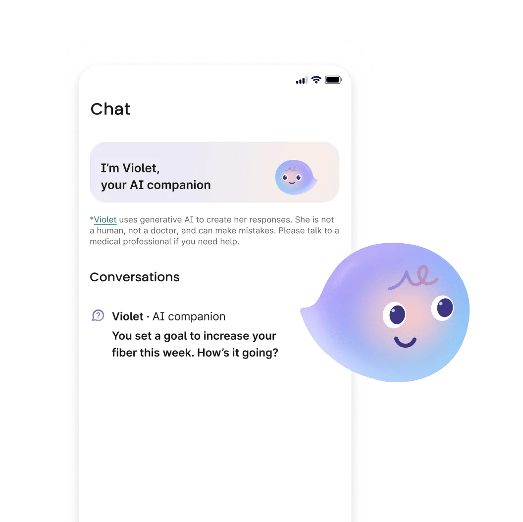 Simulated view of a Verily Lightpath’s member chat with Violet, their personal AI companion.