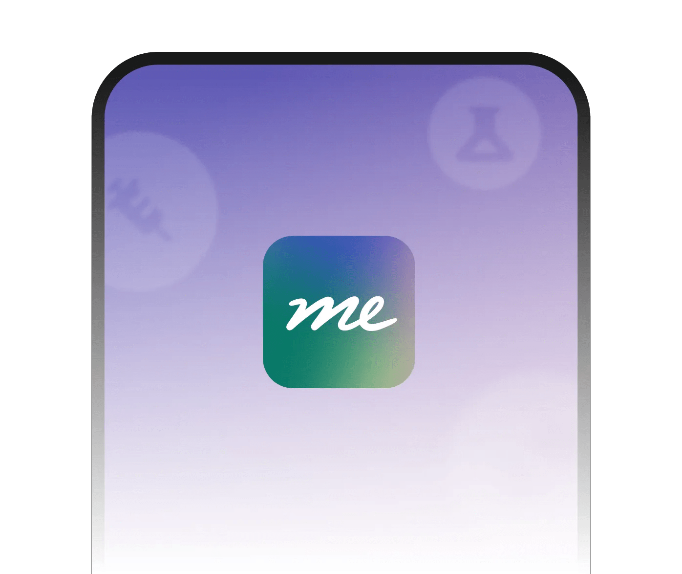 Image of a phone with a purple gradient background with the Verily Me app logo with “me” script in the center.