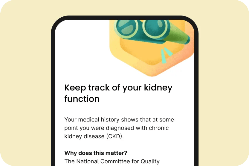 Phone screen shows Verily Me app with instructions about kidney function screening.