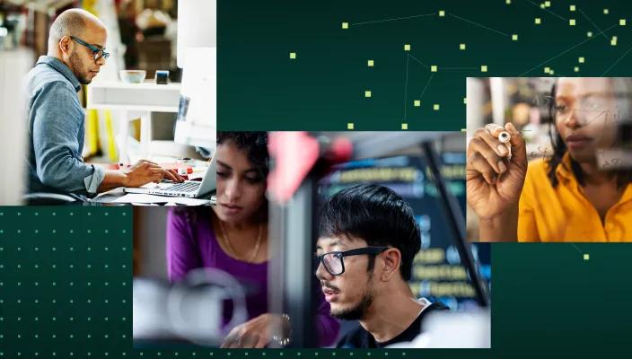 Collage of biomedical researcher or computational biologist analyzing data using Verily Workbench, a collaborative research workspace that allows easier, more secure data sharing.