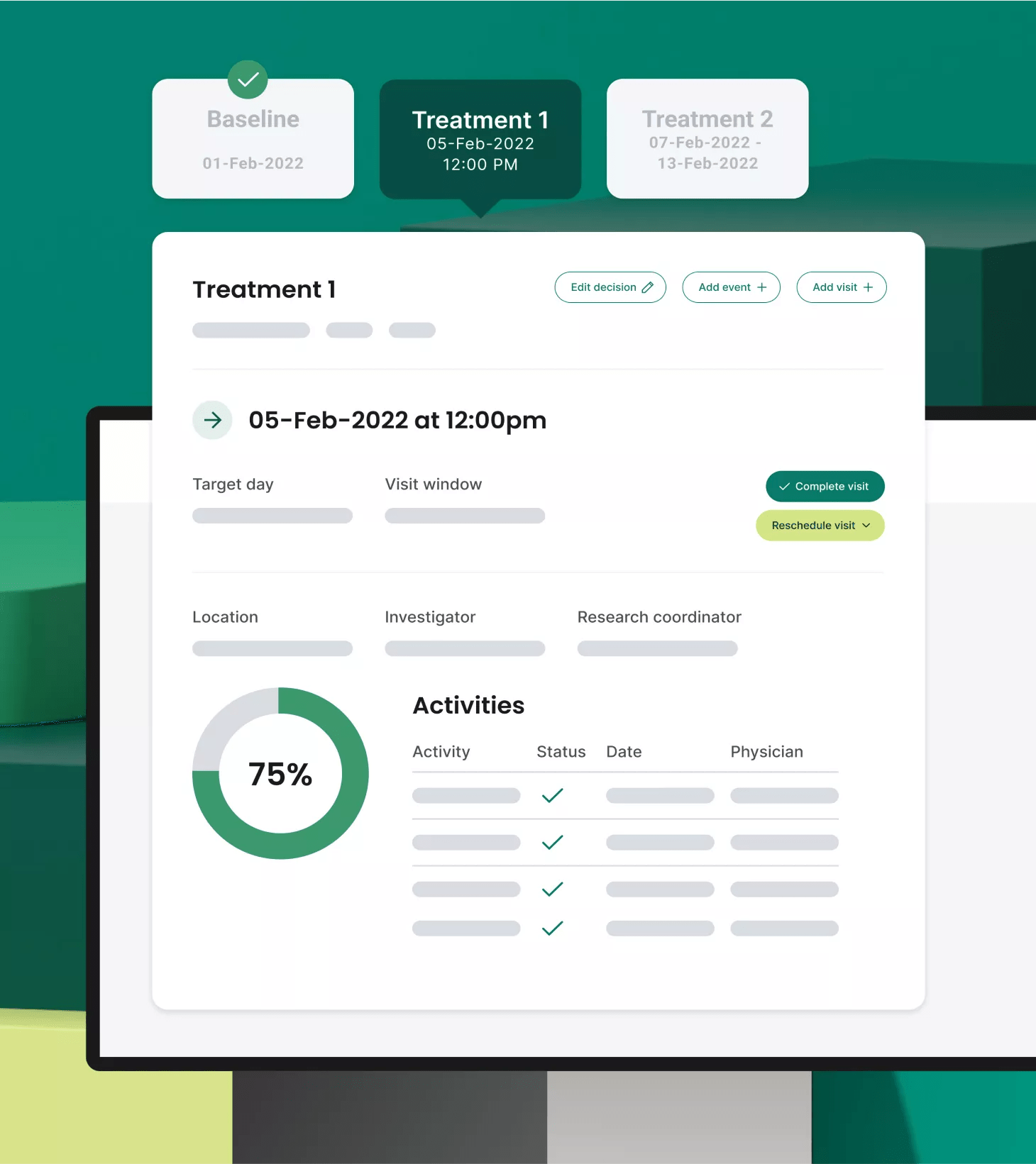 Mock up of treatment details for a study participant within Site CTMS, advanced clinical trial management system