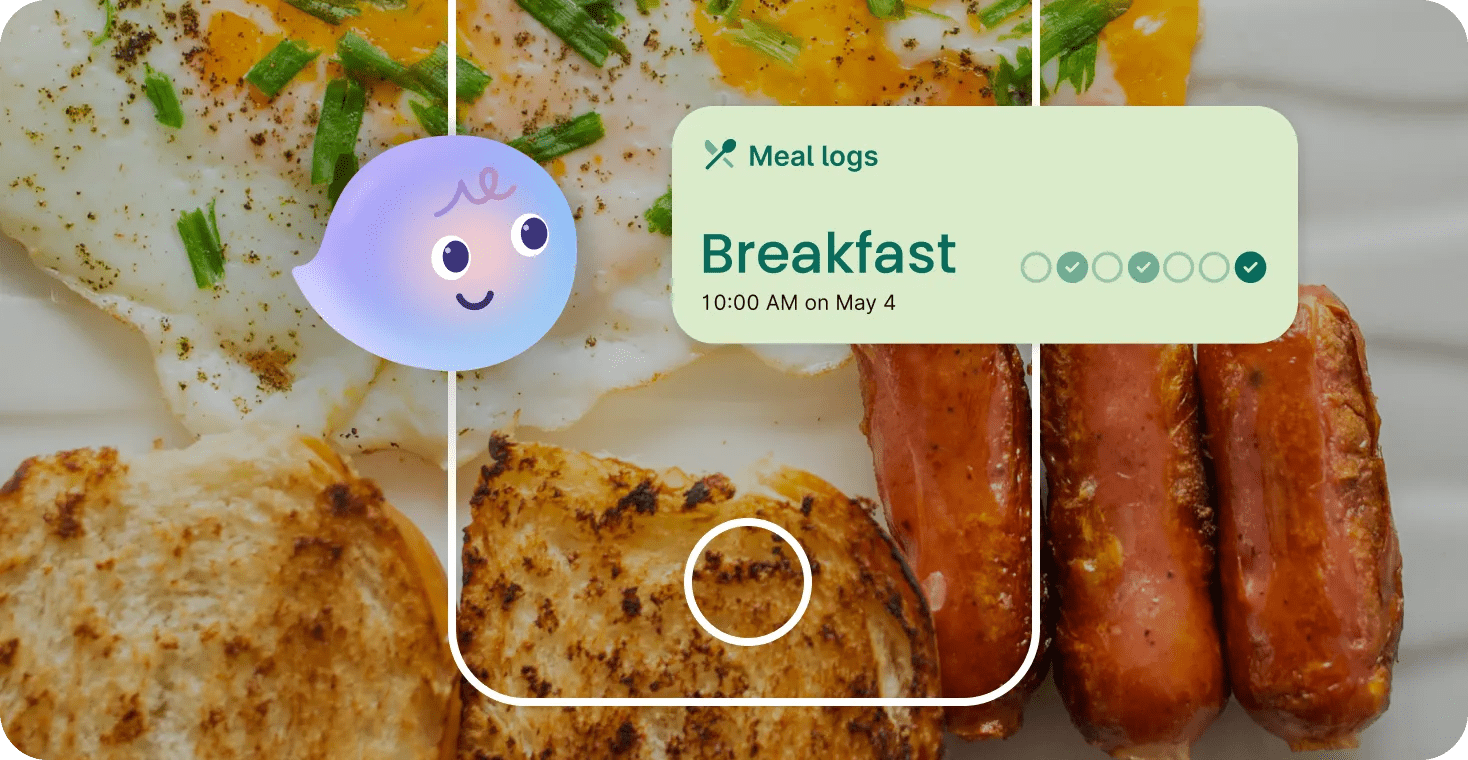 Image of Violet on background photo of a meal. Meal is eggs, sausage and bread. Outline of phone over the meal image with UI of a meal log module.