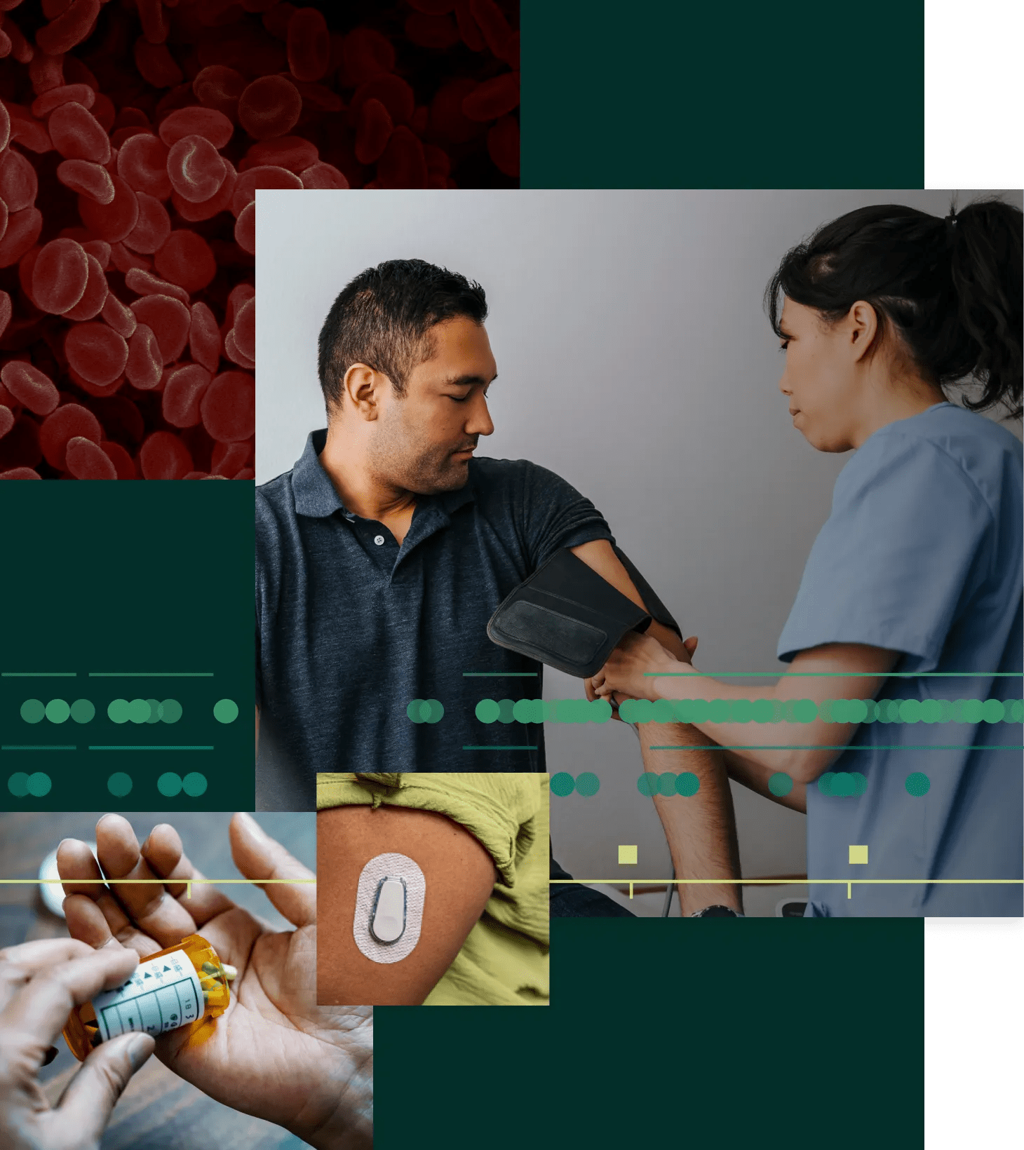 Collage of imagery representing multimodal, real-world health data, such as device data.