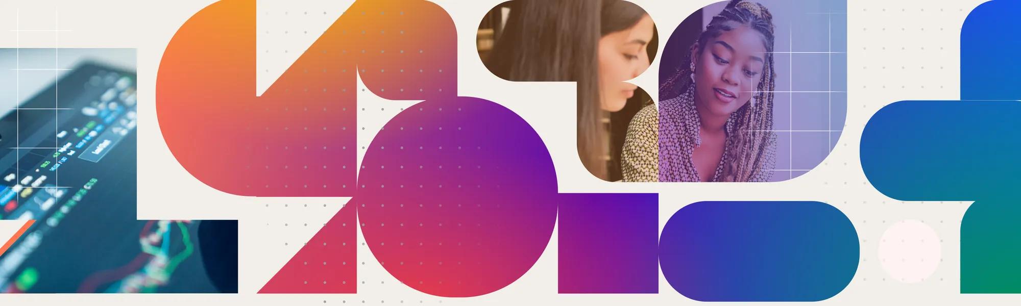 A collage featuring geometric shapes in orange, purple, and blue gradients. On the left, a dashboard screen shows data analysis. On the right, two researchers discussing data findings.