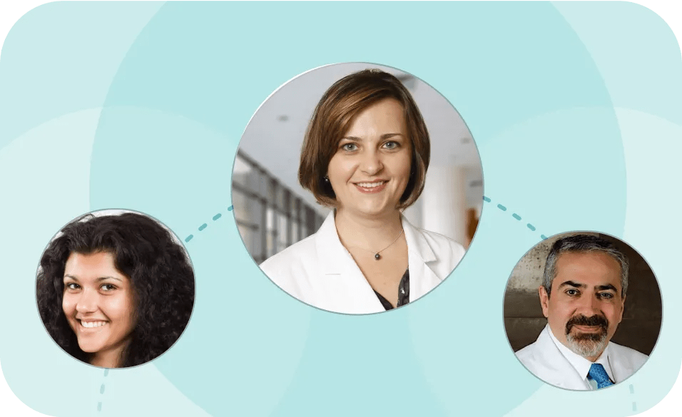 Three head shots clinicians on a pale blue-green background.