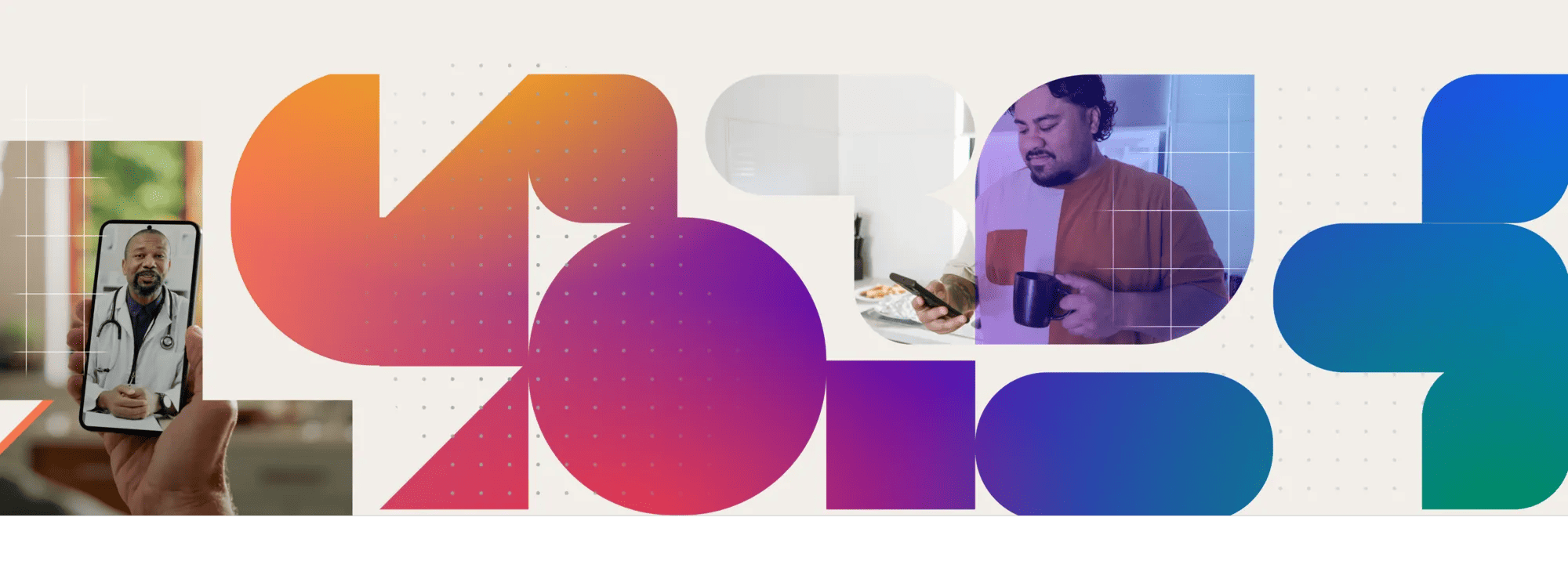 A collage featuring geometric shapes in orange, purple, and blue gradients. On the left, a smartphone screen shows a video call with a doctor. On the right, a man in a kitchen looks at his phone while holding a mug, illustrating digital healthcare connectivity.