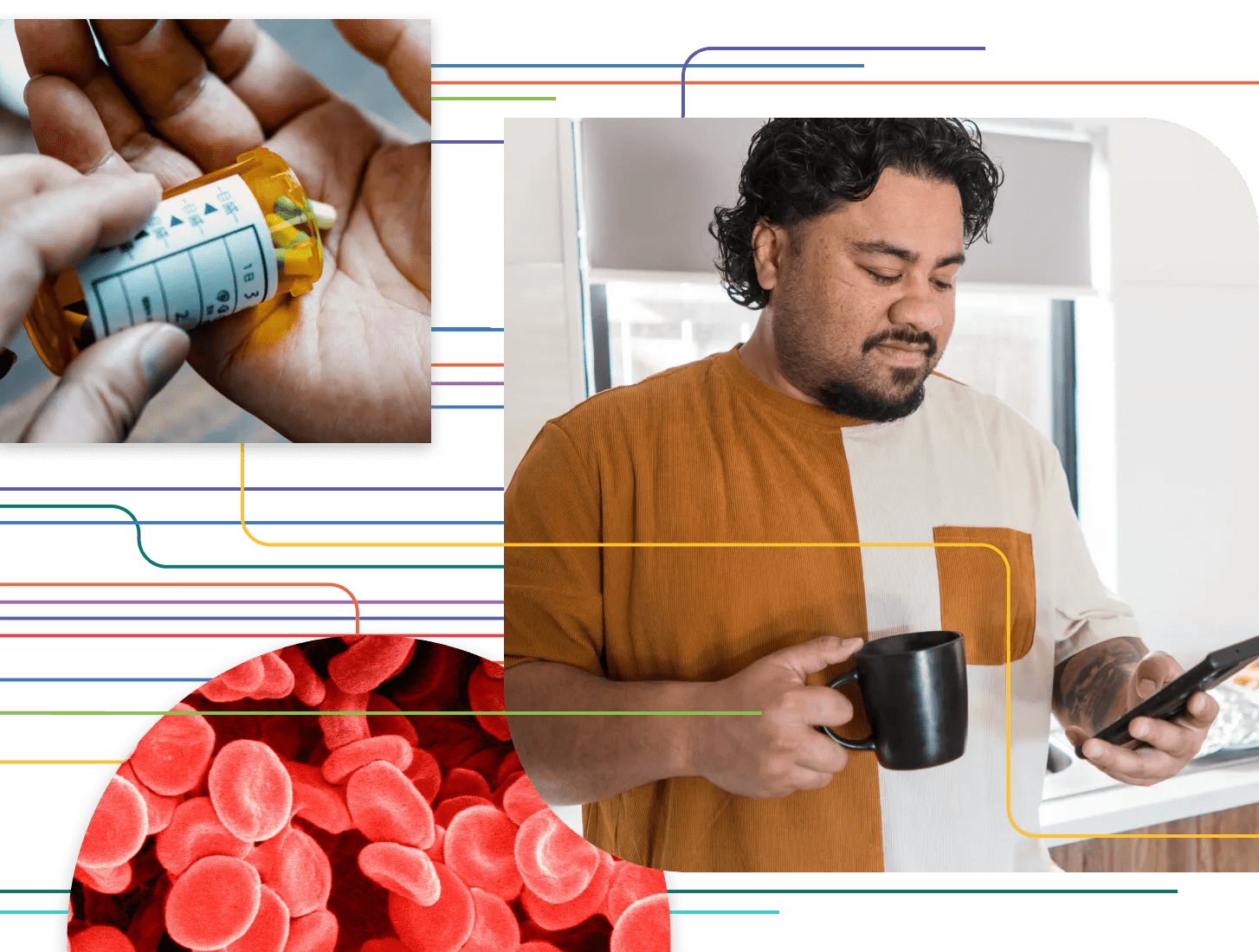 Colored lines representing gathering and integrating longitudinal, real-world health data