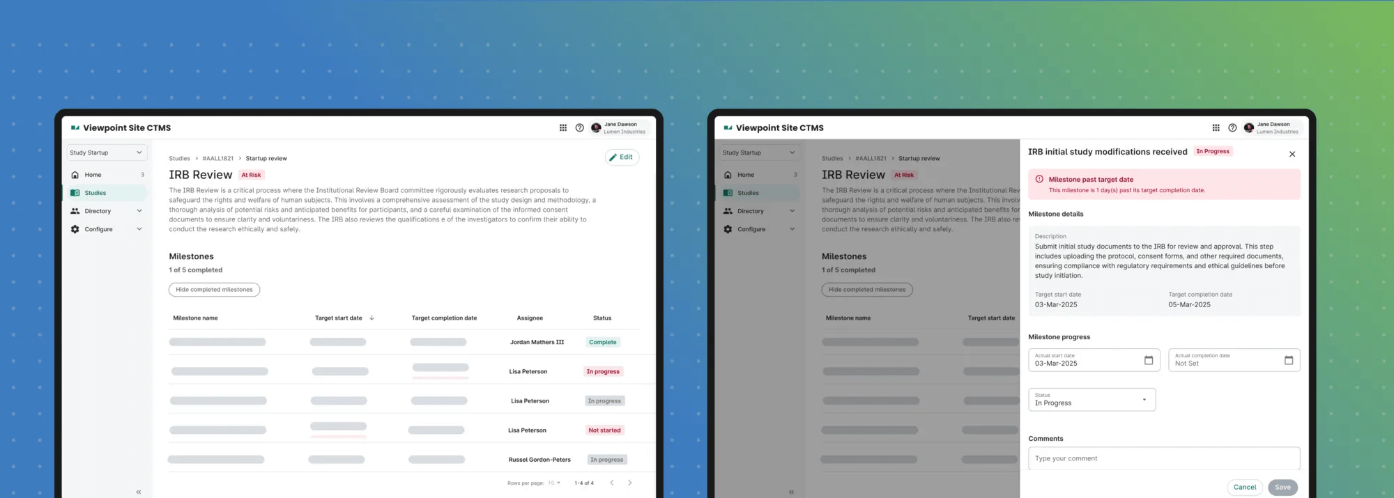Simulated views of Verily Viewpoint Study Start Up, featuring how sites can seamlessly ensure all necessary activation steps are taken, such as IRB review, feedback, and approval.