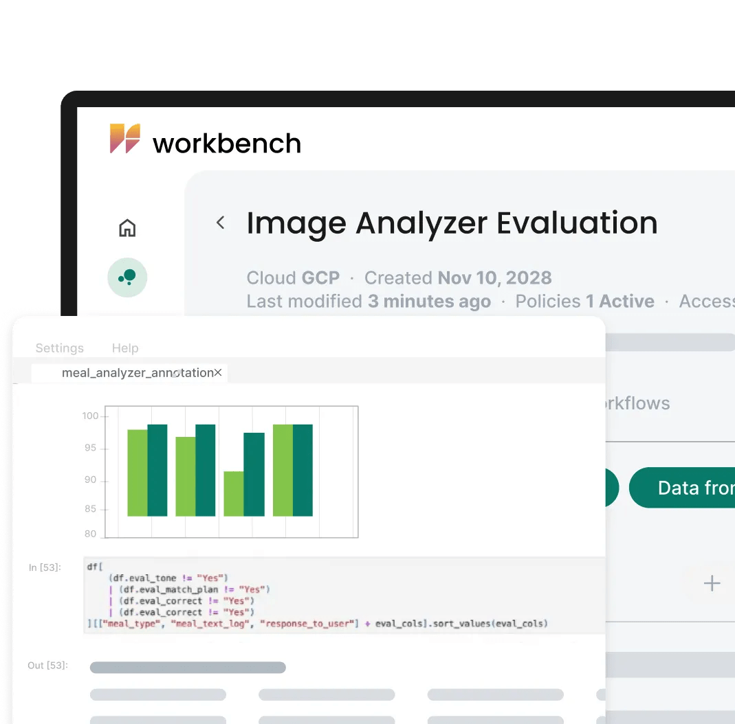 Simulated view of Verily Workbench collaborative research workspaces, showing the image analyzer evaluation.