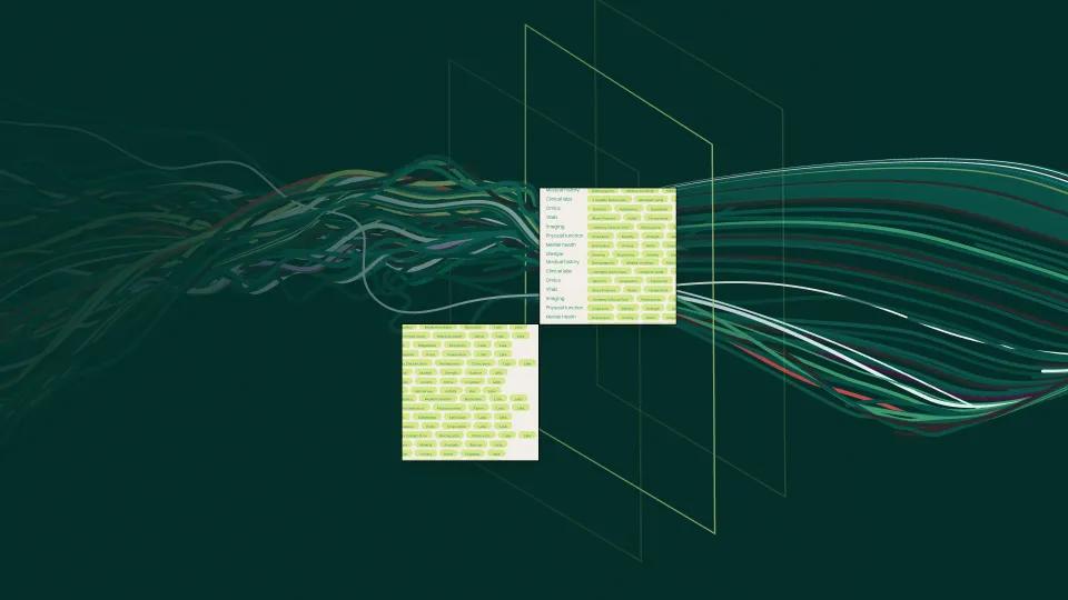 Abstract visualization of data being processed and curated into a square, symbolizing a data product.