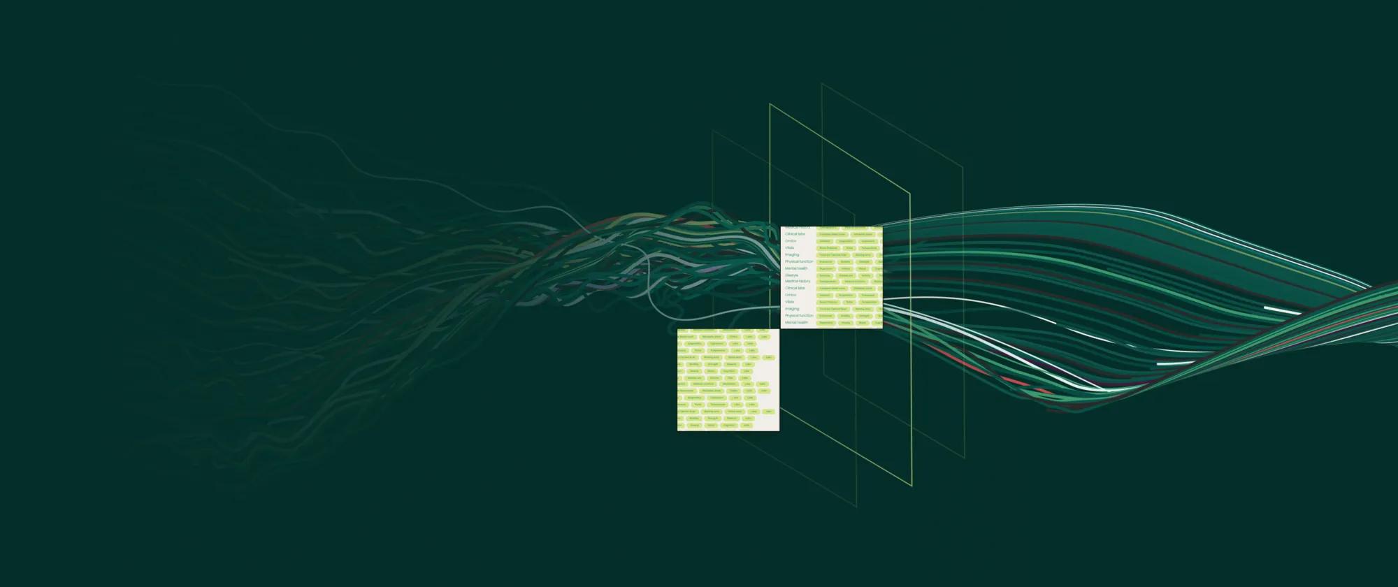 Abstract visualization of data being processed and curated into a square, symbolizing a data product.