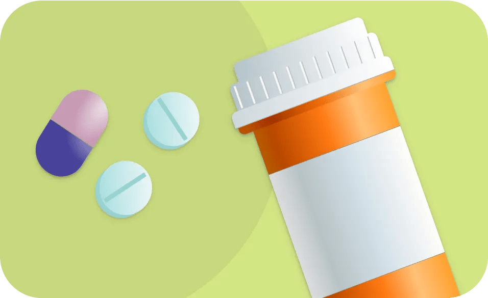 Zoomed in illustration of a standard orange pill bottle with a white lid and pills; two blue and one purple on a pale green background.