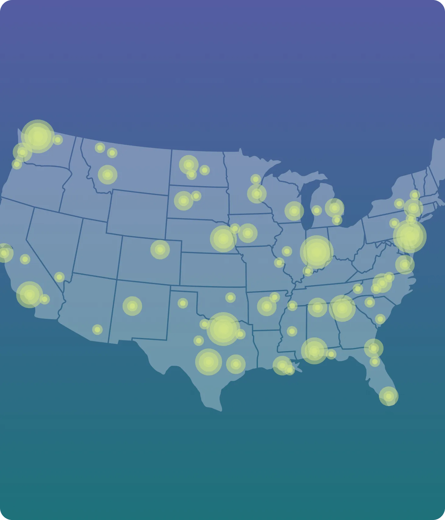 Collage of a map of the United States, listing geographic areas with study sites utilizing Verily Viewpoint Site CTMS and colored lines representing AI-driven insights to guide sponsors on protocol design.