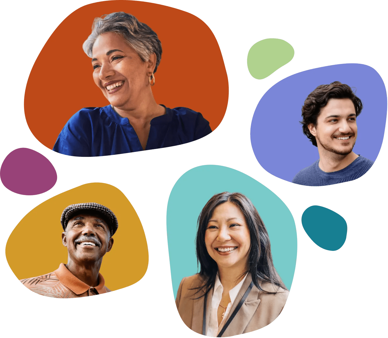 A diverse group of people appear in individual portraits against colorful backgrounds