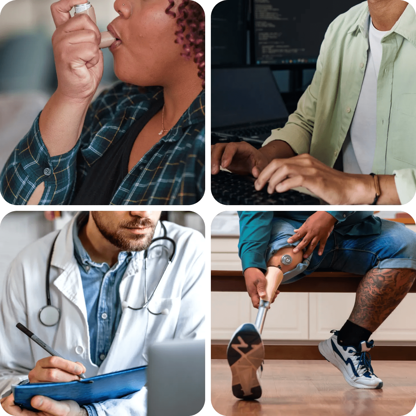 Four close up images showing: a woman using an inhaler, a person typing, a provider taking notes, and a person stretching their leg.