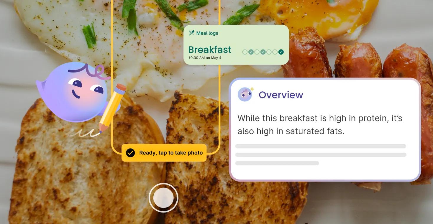 Violet scribbles with a pencil on a background photo of a meal. Meal is eggs, sausage, and bread. Outline of phone over the meal image with UI of a meal log module.