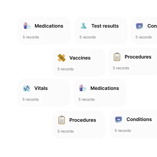Simulated view of different types of health information, like history of vaccinations and lab test results, included in electronic medical records.