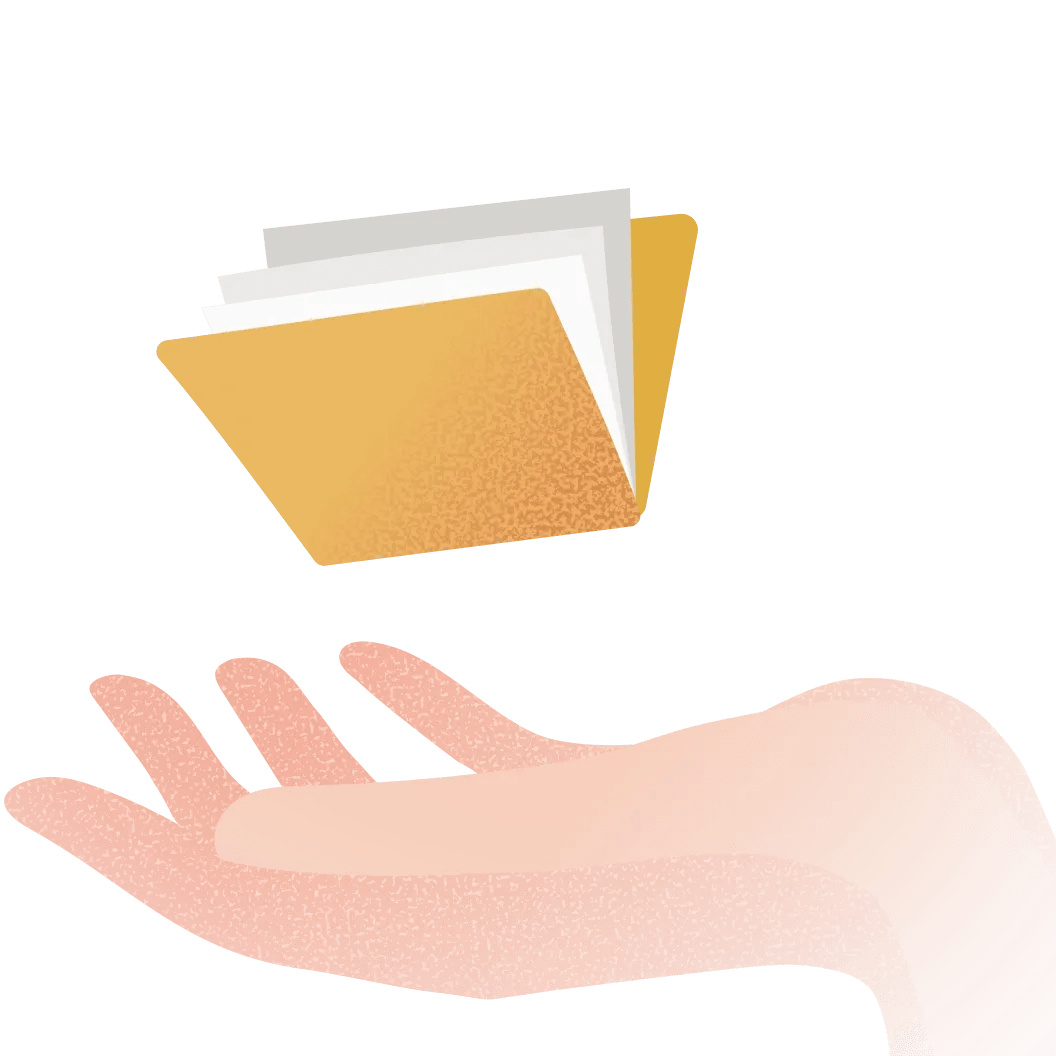 Illustration shows an open hand below a yellow folder full of white papers