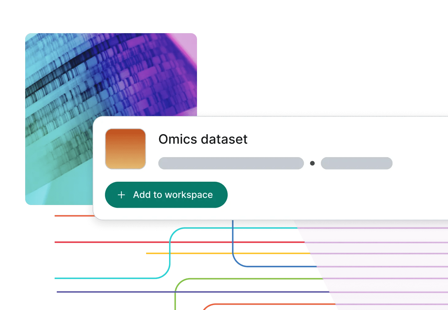 Simulated view of accessing an omics dataset within the Verily Pre Workbench application and a visualization of DNA data.