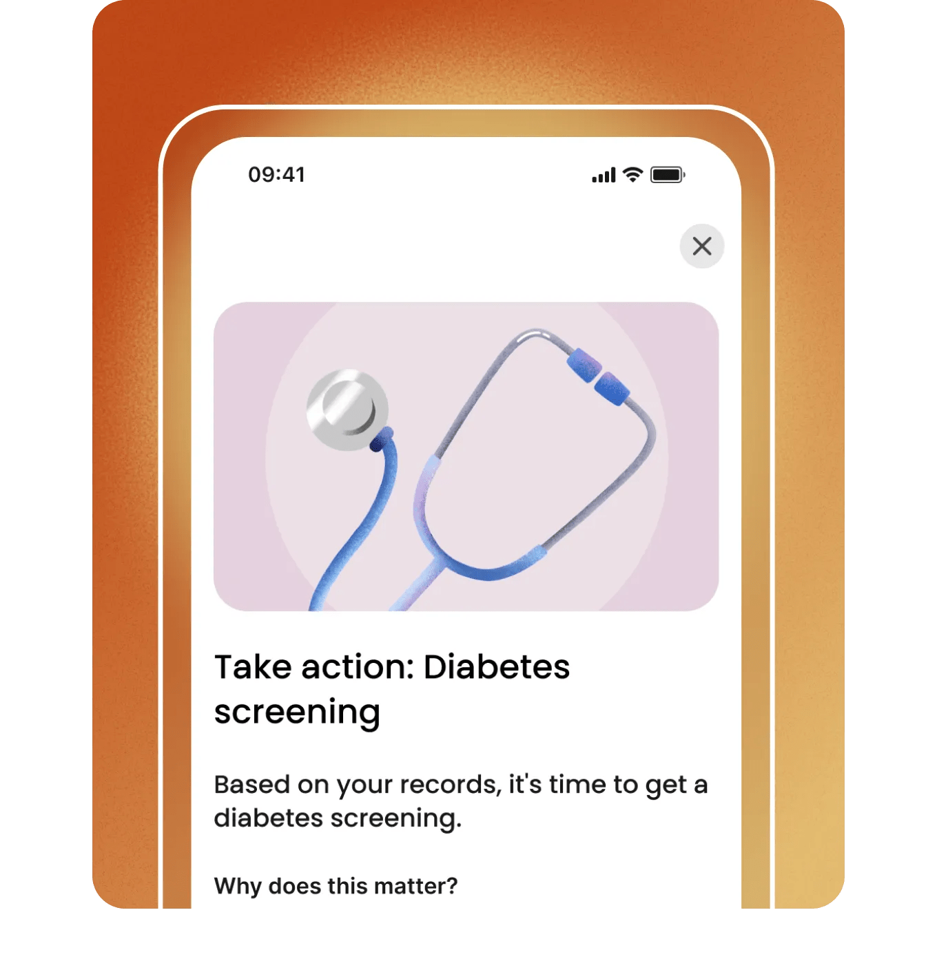 In-app screen from Verily Me shows module featuring a screening suggestion with a picture of a stethoscope.