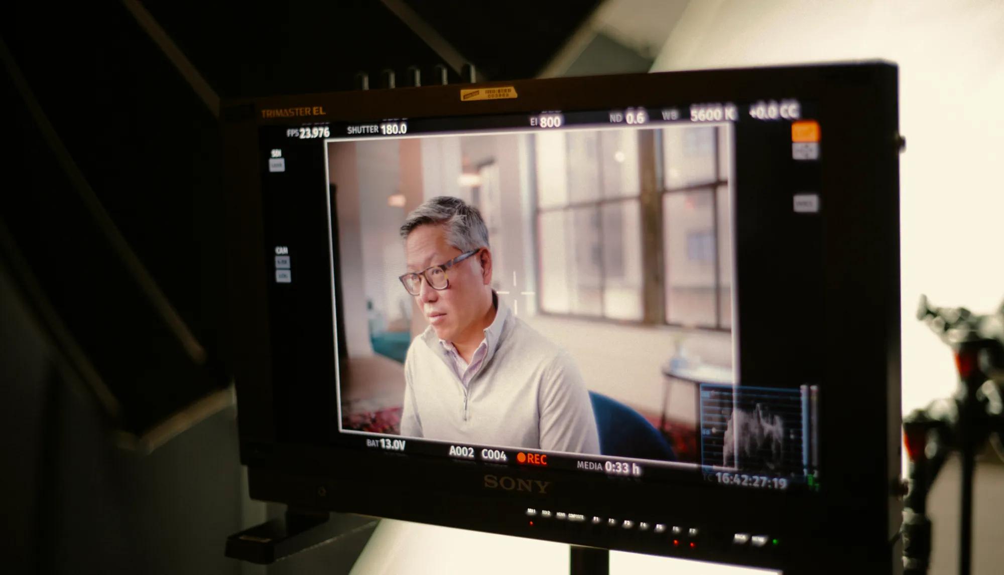 Close of of monitor feauturing Dr. Erich Huang during filming of N of 1 episode.