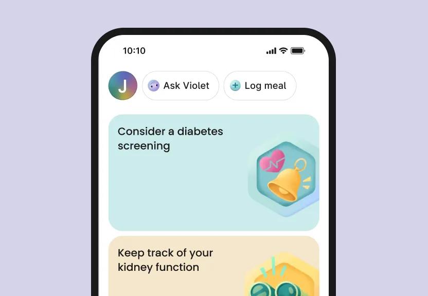 Phone screen shows Verily Me app modules for diabetes screening and tracking kidney function