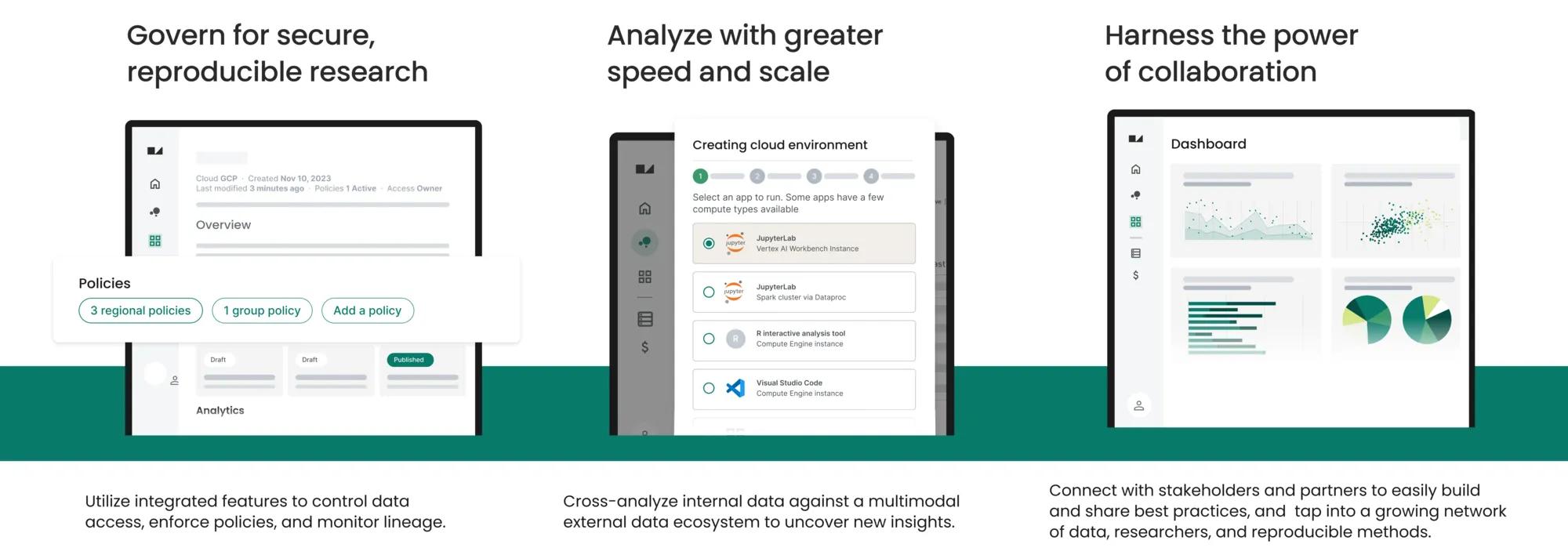 Verily Workbench has a data governance platform to enforce health data use and compliance in support of research integrity and reproducible research.