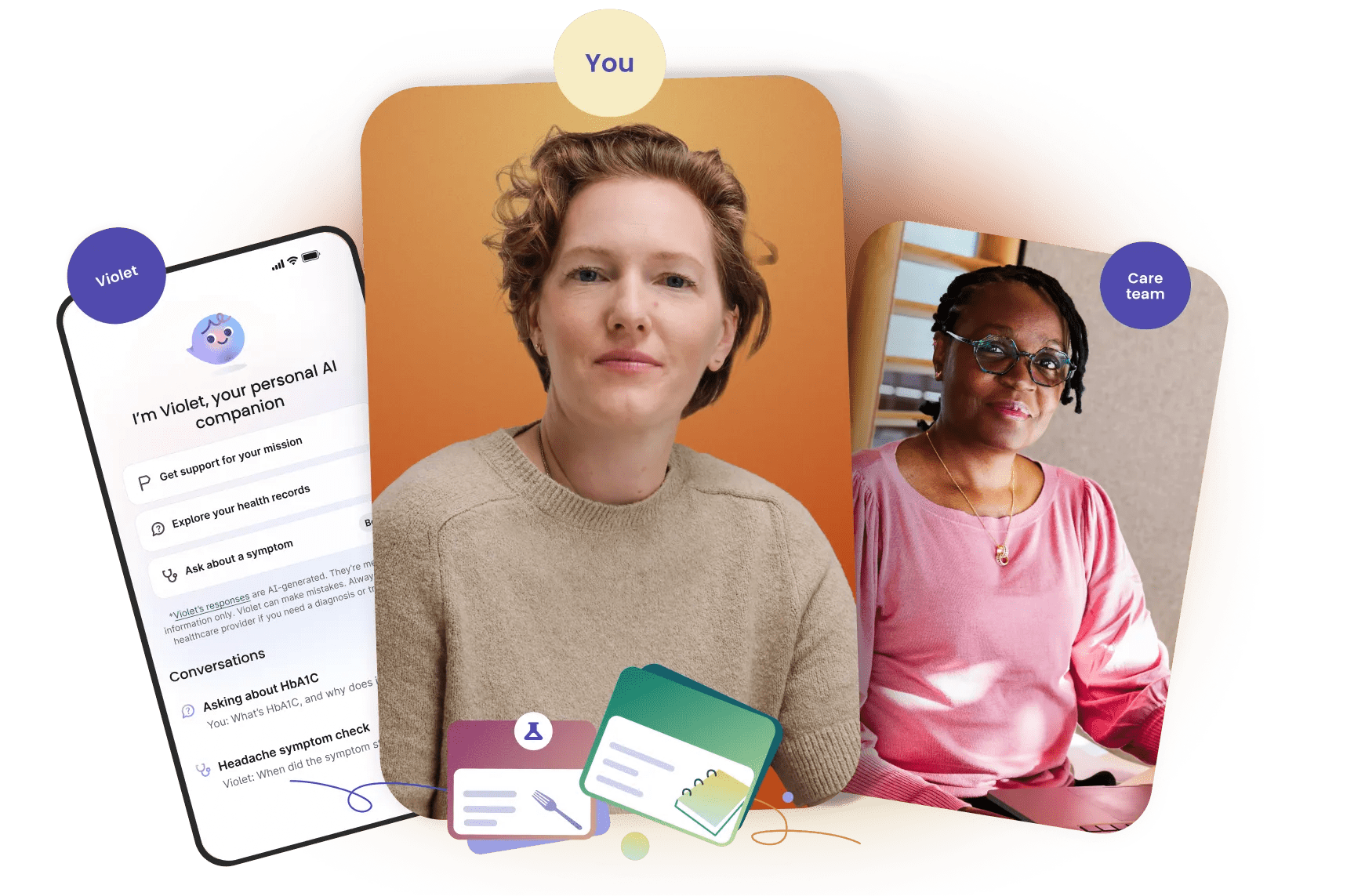 Three panels featuring two photographs (a patient and a care provider) and an illustration of the AI care companion, Violet.
