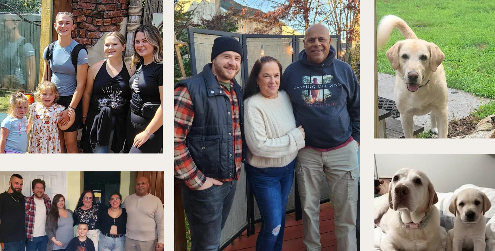 A collage of photos of Verily Care Lead and Engagement Specialist, Marti Fernandes's cherished family and labs that the family breeds and often donates to people in need of healing.