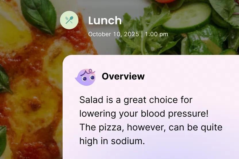 UI of meal logging overview. Overlaid on an image of eggs, bread, and sausage.