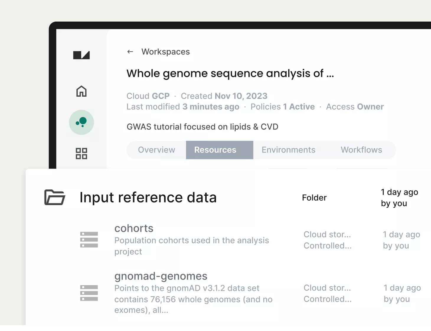 Simulated view of a Workbench collaborative research workspace where all users can readily find and explore multimodal data and resources in an intuitive interface with logically organized folders.