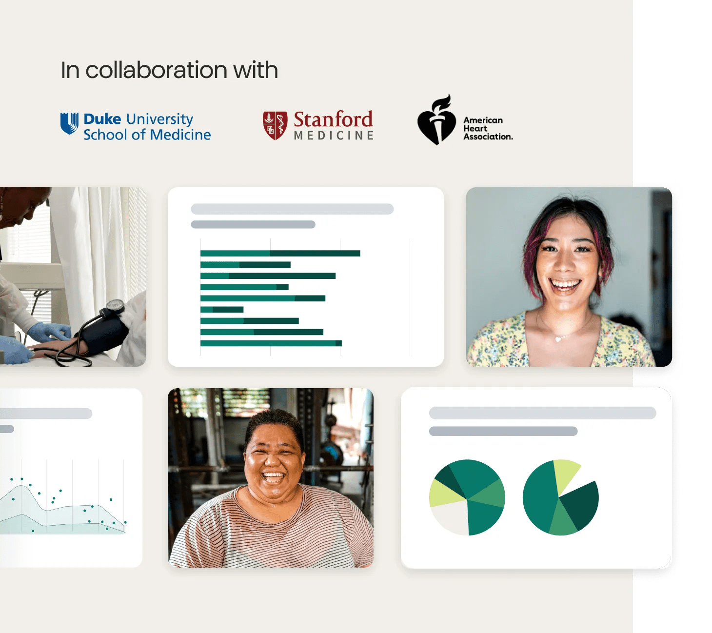 Montage representing Verily’s research including text that says “in collaboration with”, listing Duke University School of Medicine, Stanford Medicine and American Heart Association. Images of two women smiling and graphs representing data.