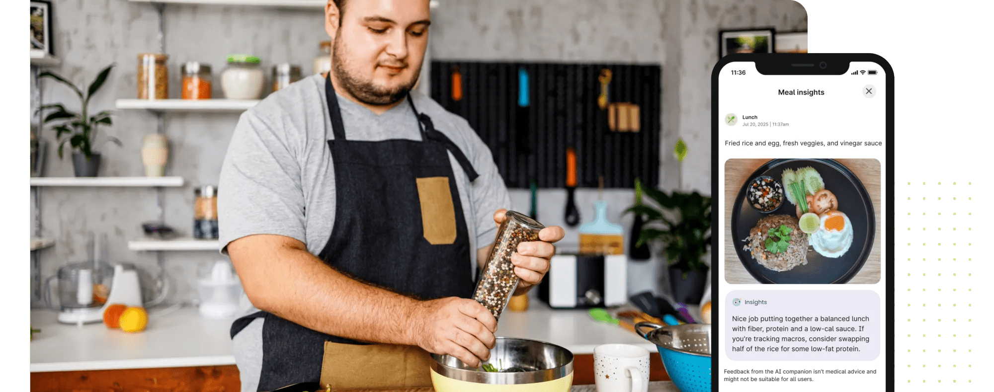 Collage of an overweight man in his twenties making a meal and a simulated view meal logging on a smart phone.