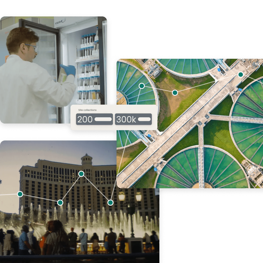 Montage of scientist in lab, images of a wastewater treatment facility and an image of a community gathered around a fountain in Las Vegas.