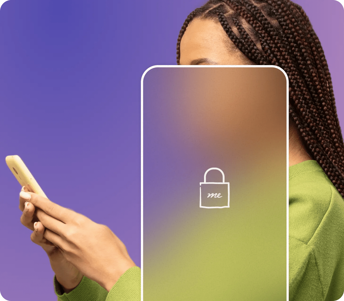 Purple gradient background with a woman on phone, partially blurred by rectangular shape with an illustrated padlock containing “me” script.