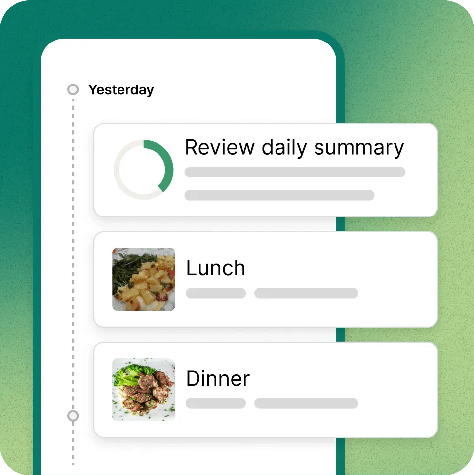 Simulation of meal logging within a virtual care program app for reaching health goals with diabetes and obesity, like losing weight.