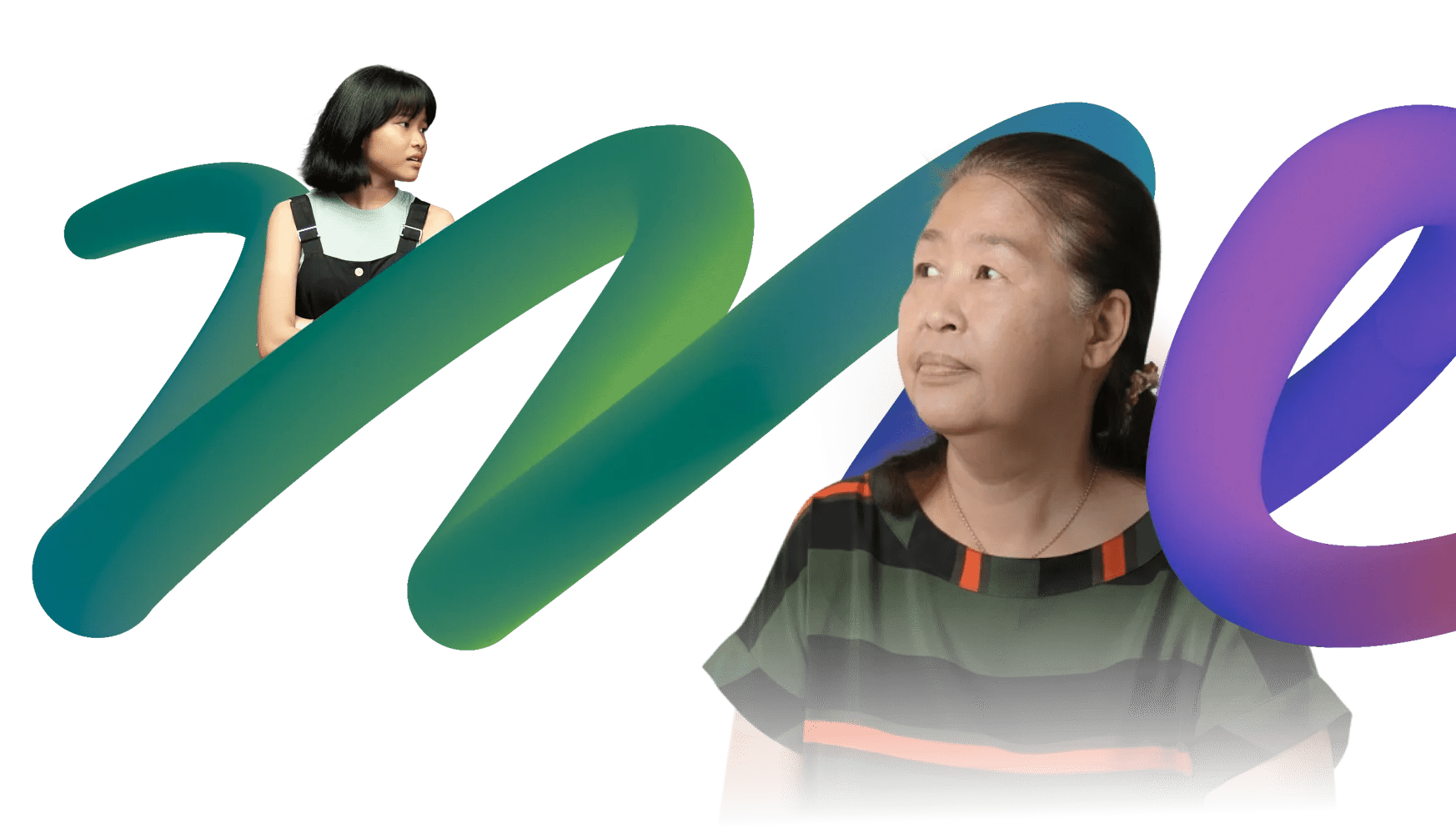 A light yellow background with the headline and body copy text on the left and the “Me” script on the right in a green to purple gradient. Two women are positioned in the “Me’ script.