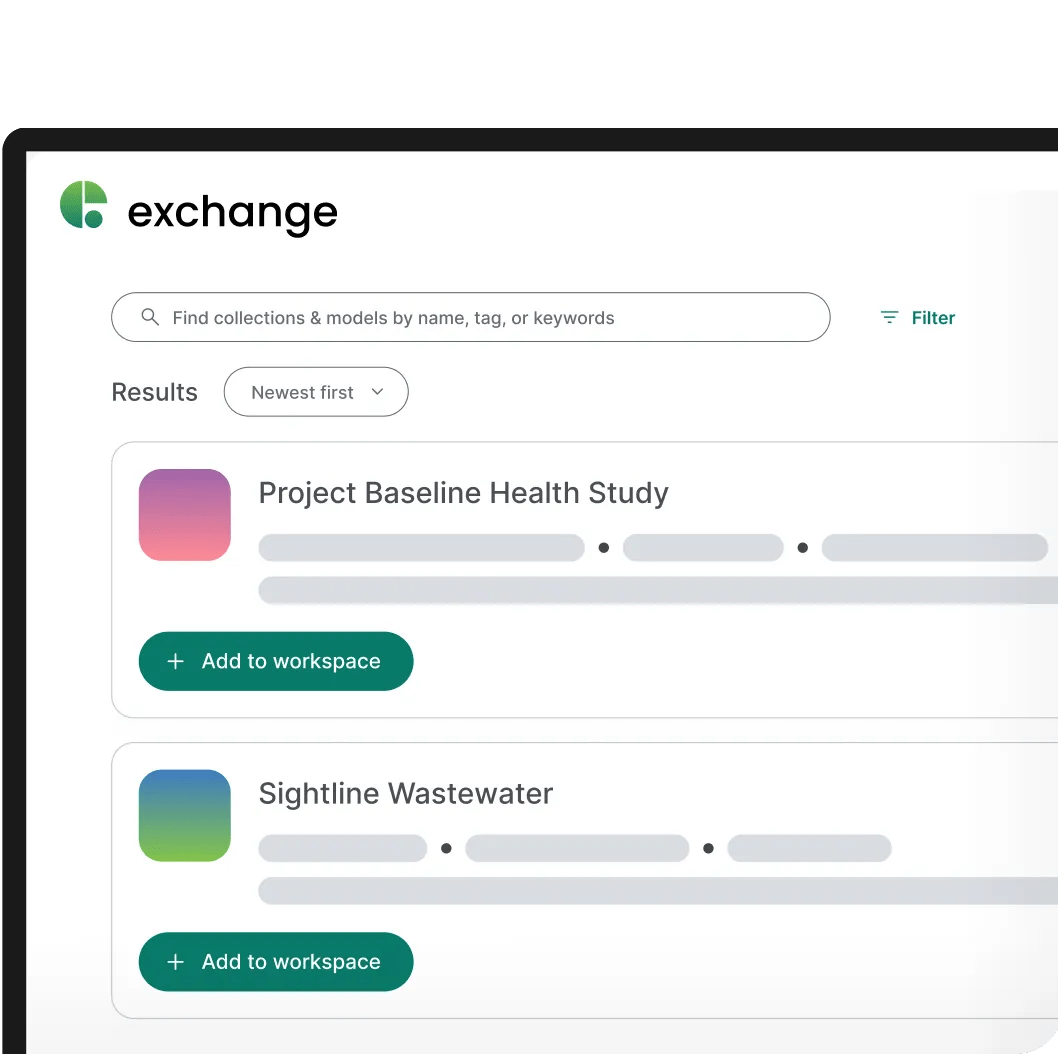 Simulated view of Verily Workbench collaborative research workspaces, showing support for biomedical workflows showing access to Verily proprietary datasets