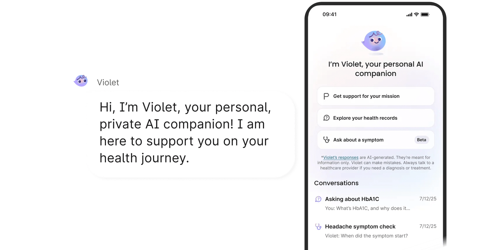 An illustration of Verily’s "Violet," an AI health companion, featuring a smartphone with a chat interface introducing Violet as a personal, private AI companion for a patient's health journey.