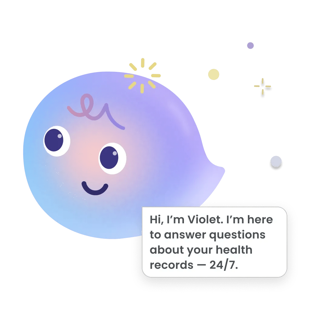 Image of Violet — the personal, private AI companion, available 24/7 to answer health record questions in the Verily Me app.