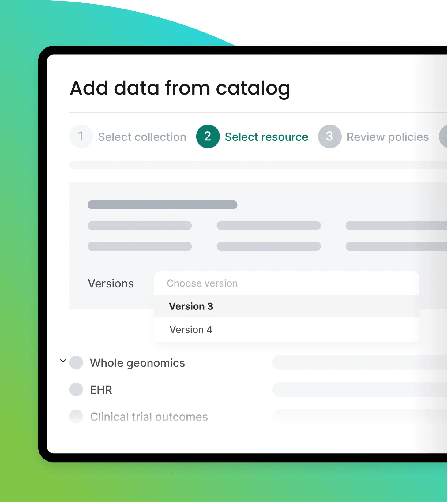 Simulated view of Verily Workbench secure data analytics solution and Trusted Research Environment that allow researchers to explore data collections, view lineage policies, and more.