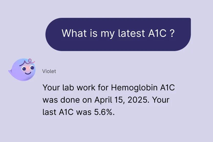 UI of chat conversation with Violet. On a light purple background.